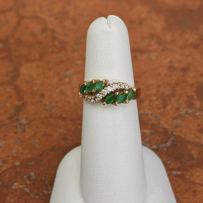 Estate 14KT Yellow Gold Marquise Emerald + Diamond Wave Ring