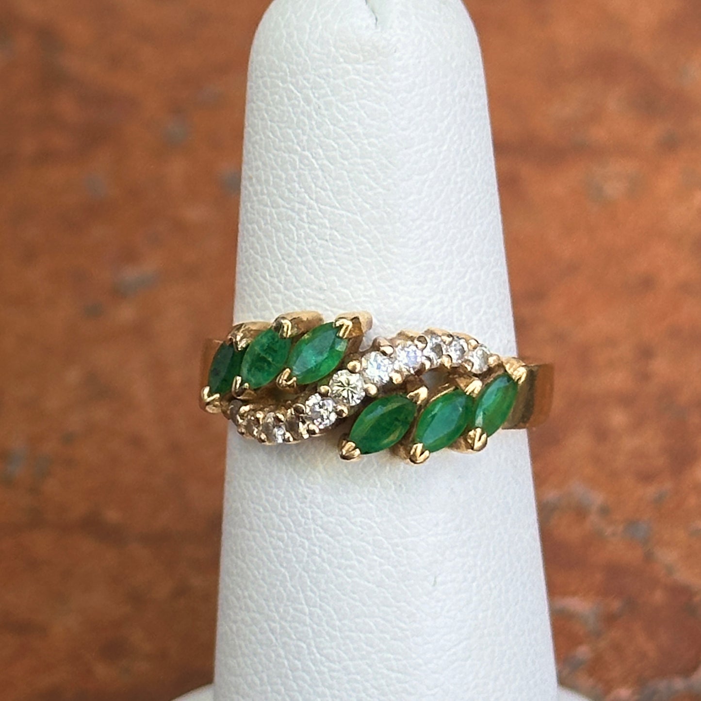 Estate 14KT Yellow Gold Marquise Emerald + Diamond Wave Ring