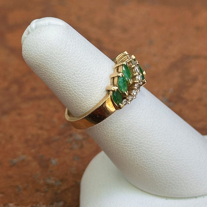 Estate 14KT Yellow Gold Marquise Emerald + Diamond Wave Ring