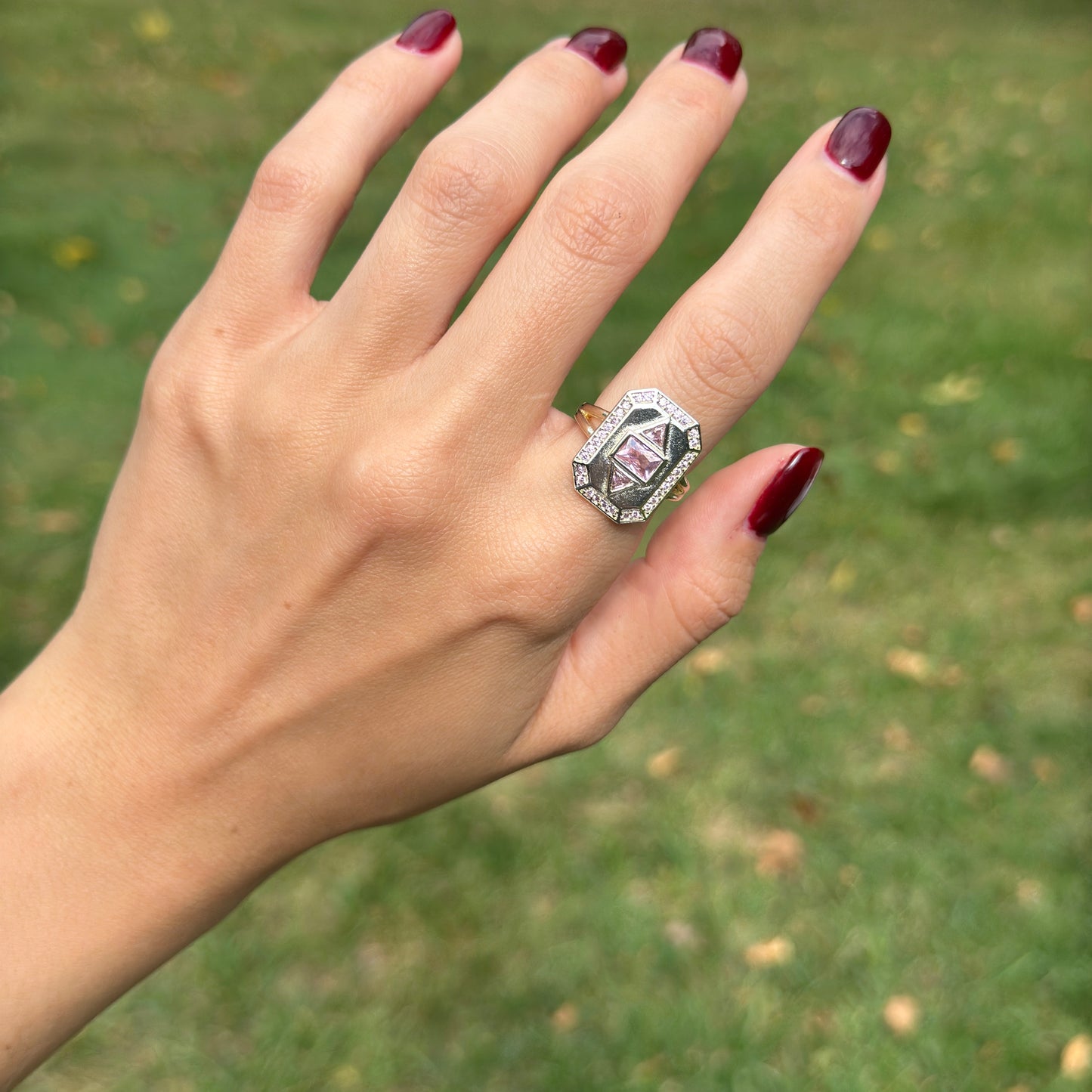 Silver-Plated Pink Cubic Zirconia Art Deco Split Shank Ring