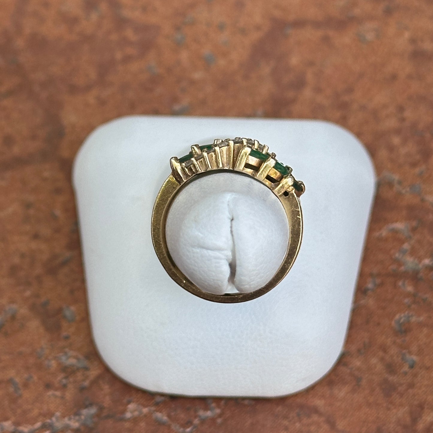 Estate 14KT Yellow Gold Marquise Emerald + Diamond Wave Ring