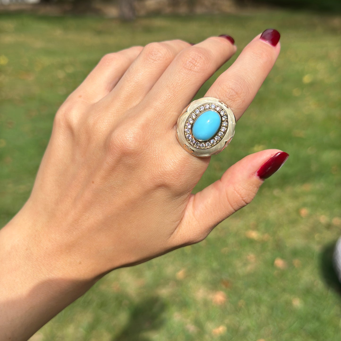 18K Yellow Gold-Plated Brass Oval Turquoise + Round CZ Beige Marbled Enamel Ring