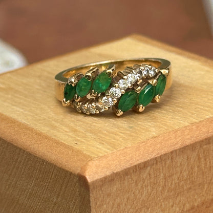 Estate 14KT Yellow Gold Marquise Emerald + Diamond Wave Ring