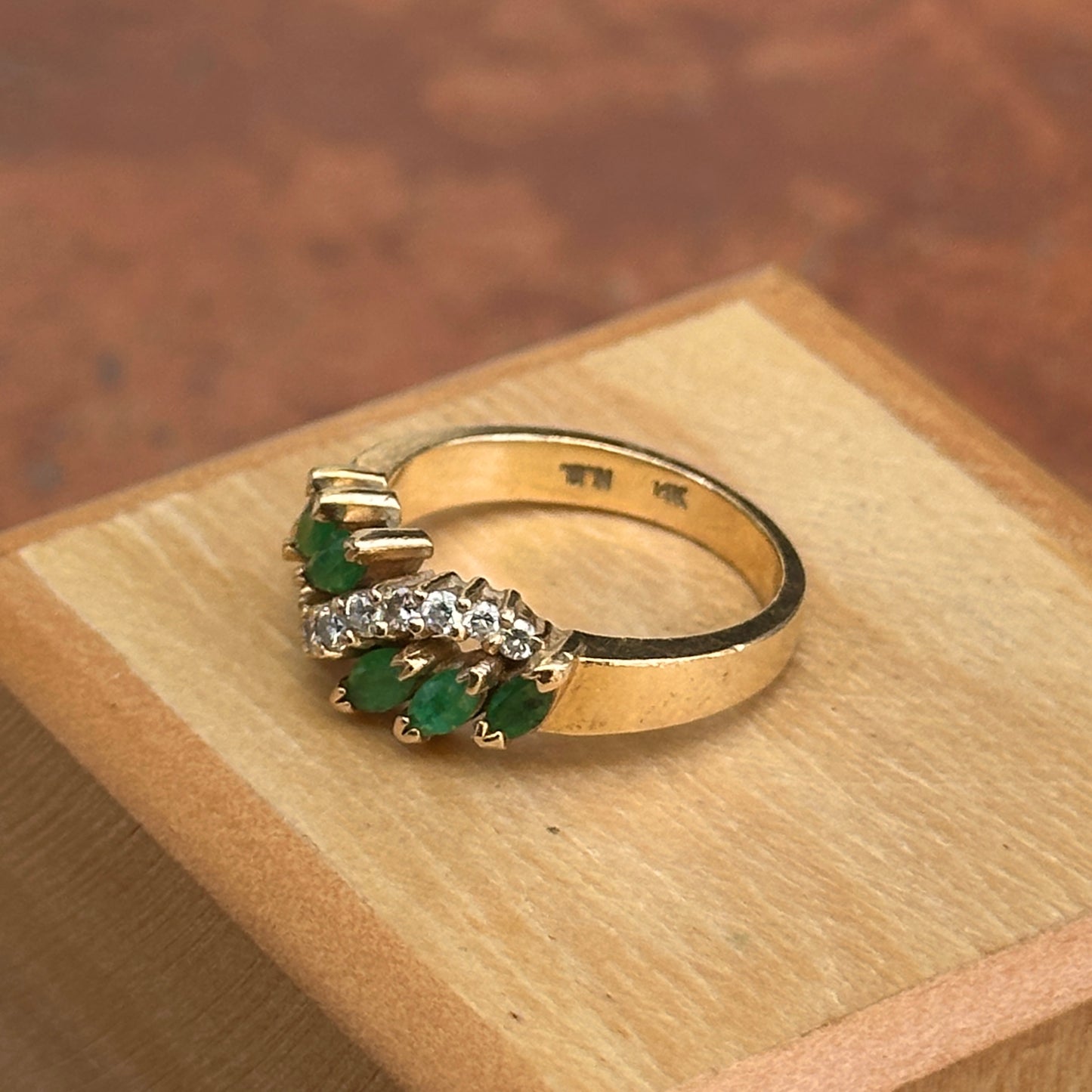 Estate 14KT Yellow Gold Marquise Emerald + Diamond Wave Ring