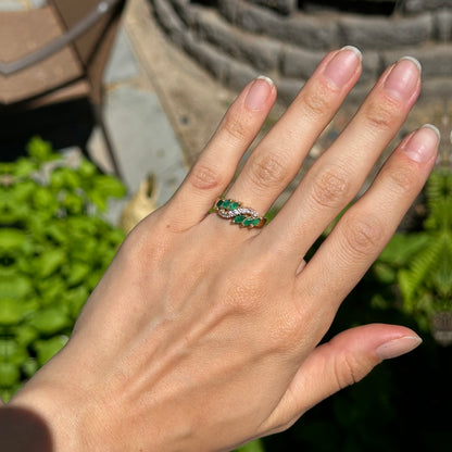 Estate 14KT Yellow Gold Marquise Emerald + Diamond Wave Ring