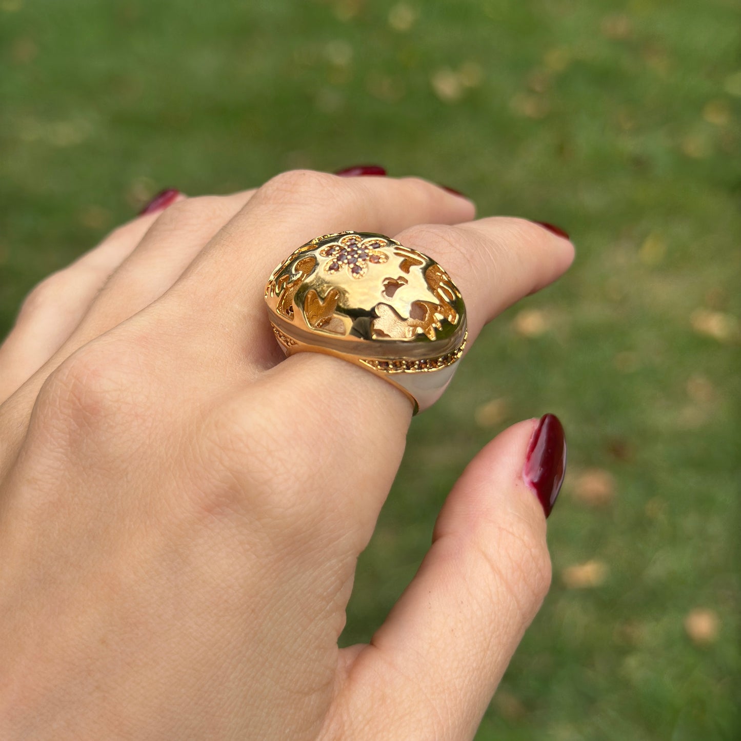 18K Yellow Gold-Plated Brass Brown CZ + Cream Enamel Cut-Out Ring