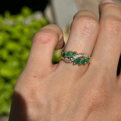 Estate 14KT Yellow Gold Marquise Emerald + Diamond Wave Ring