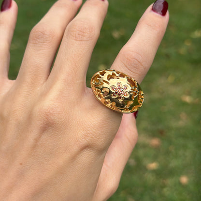 18K Yellow Gold-Plated Brass Brown CZ + Cream Enamel Cut-Out Ring