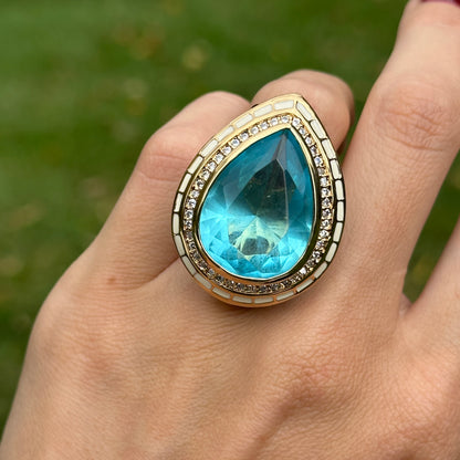 18K Yellow Gold-Plated Brass Pear Synthetic Aquamarine CZ Blue & White Enamel Ring