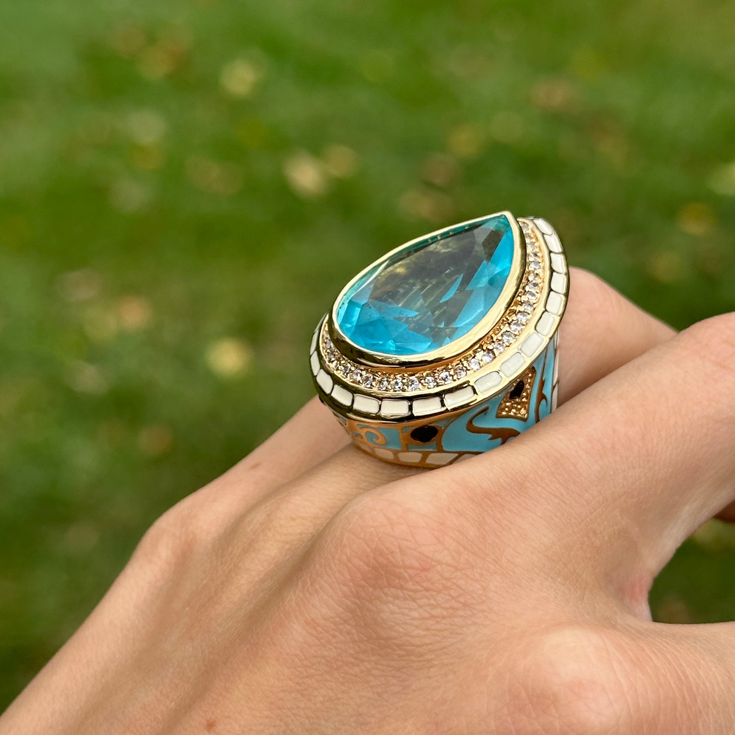 18K Yellow Gold-Plated Brass Pear Synthetic Aquamarine CZ Blue & White Enamel Ring