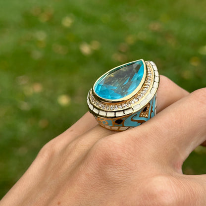 18K Yellow Gold-Plated Brass Pear Synthetic Aquamarine CZ Blue & White Enamel Ring