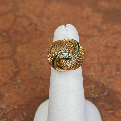 Estate 18KT Yellow Gold Green Enamel Filigree Mid Century Diamond Ring