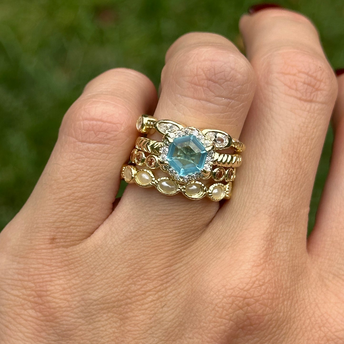 Yellow Gold-Plated Blue Topaz, Brown & White CZ, Seed Pearl Bead Stackable Ring Set