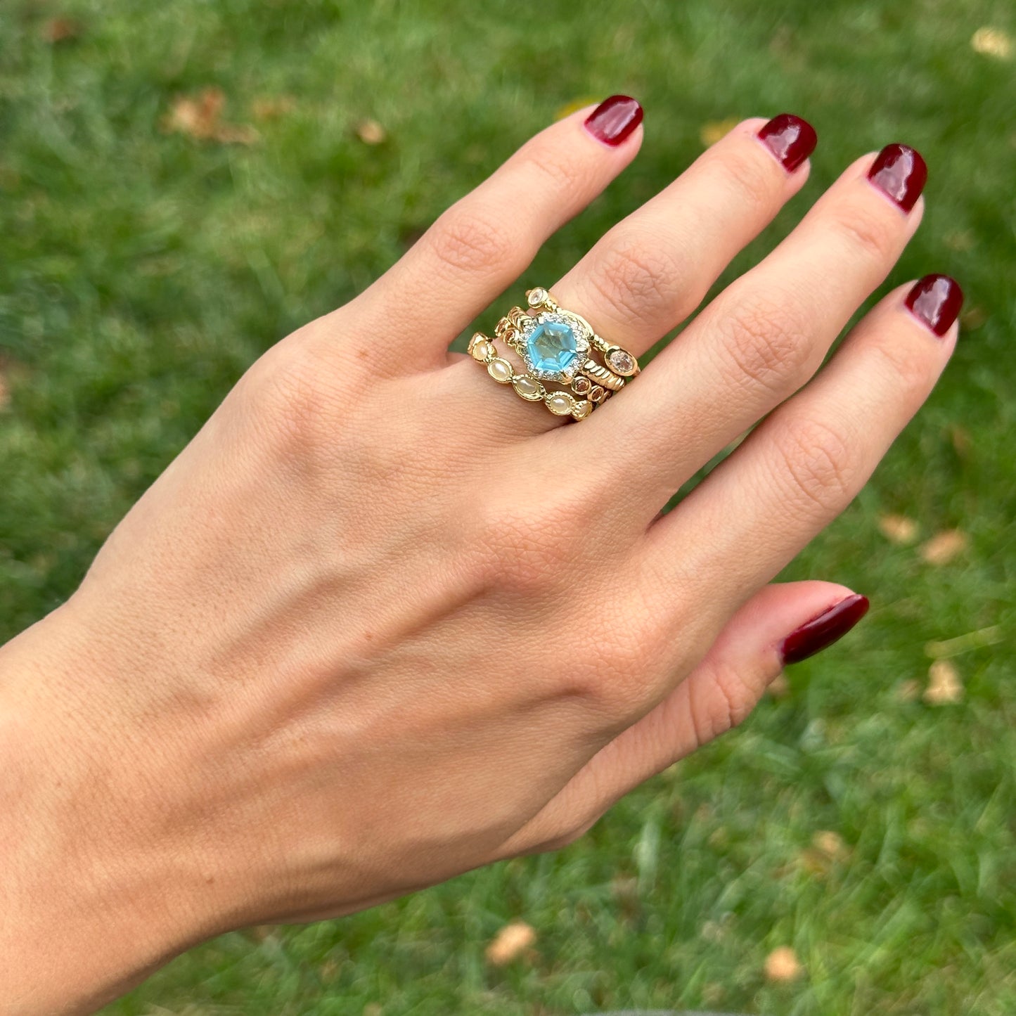Yellow Gold-Plated Blue Topaz, Brown & White CZ, Seed Pearl Bead Stackable Ring Set