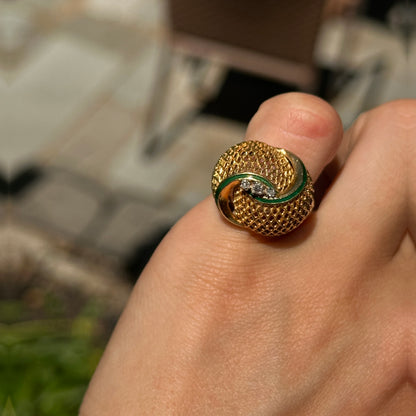 Estate 18KT Yellow Gold Green Enamel Filigree Mid Century Diamond Ring