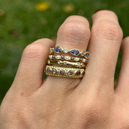 Yellow Gold-Plated Synthetic Tanzanite, Brown Gemstone, Cubic Zirconia, Black and White Pearl Bead Stackable Ring Set