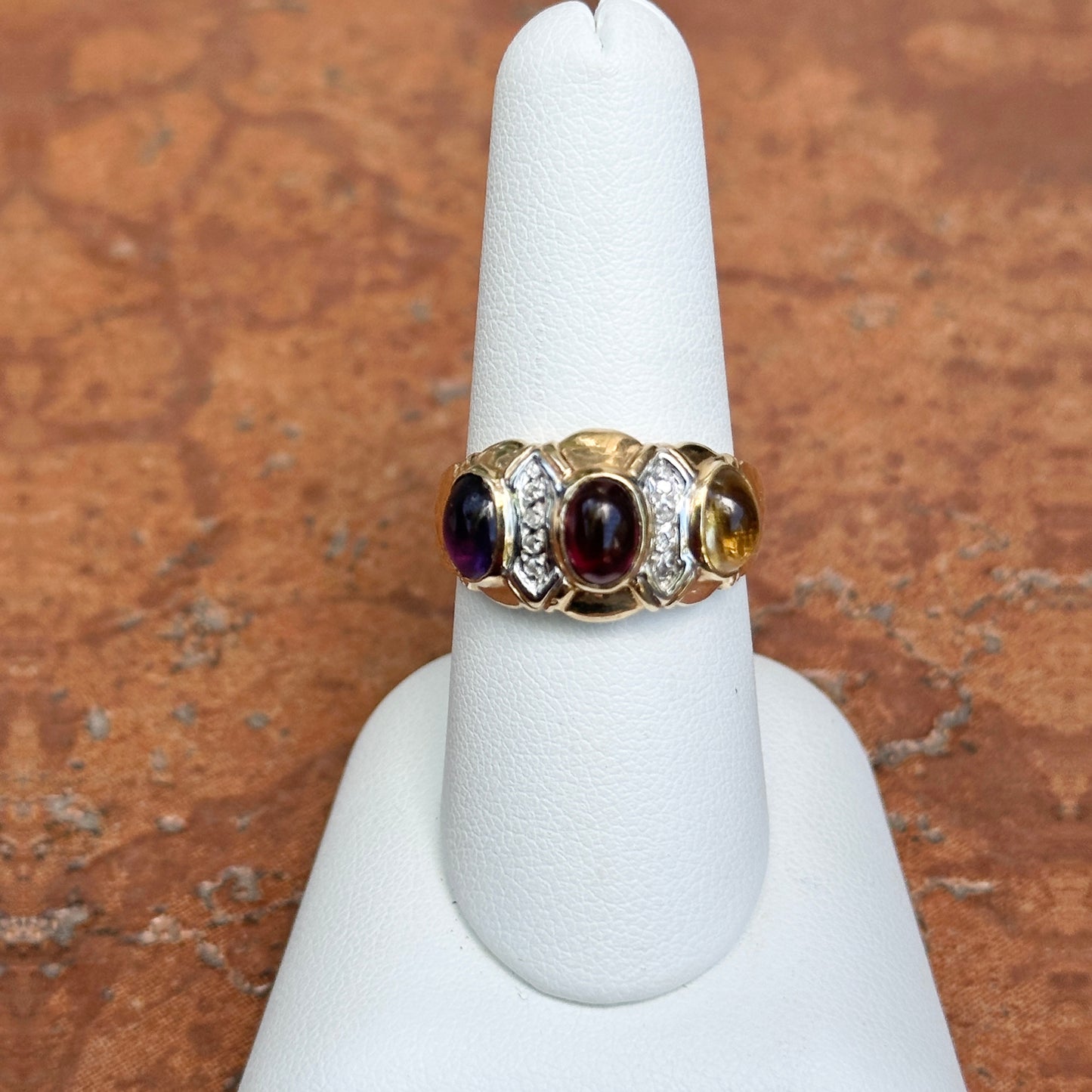 Estate 14KT Yellow Gold Oval Garnet Amethyst Citrine + Diamond Byzantine Ring