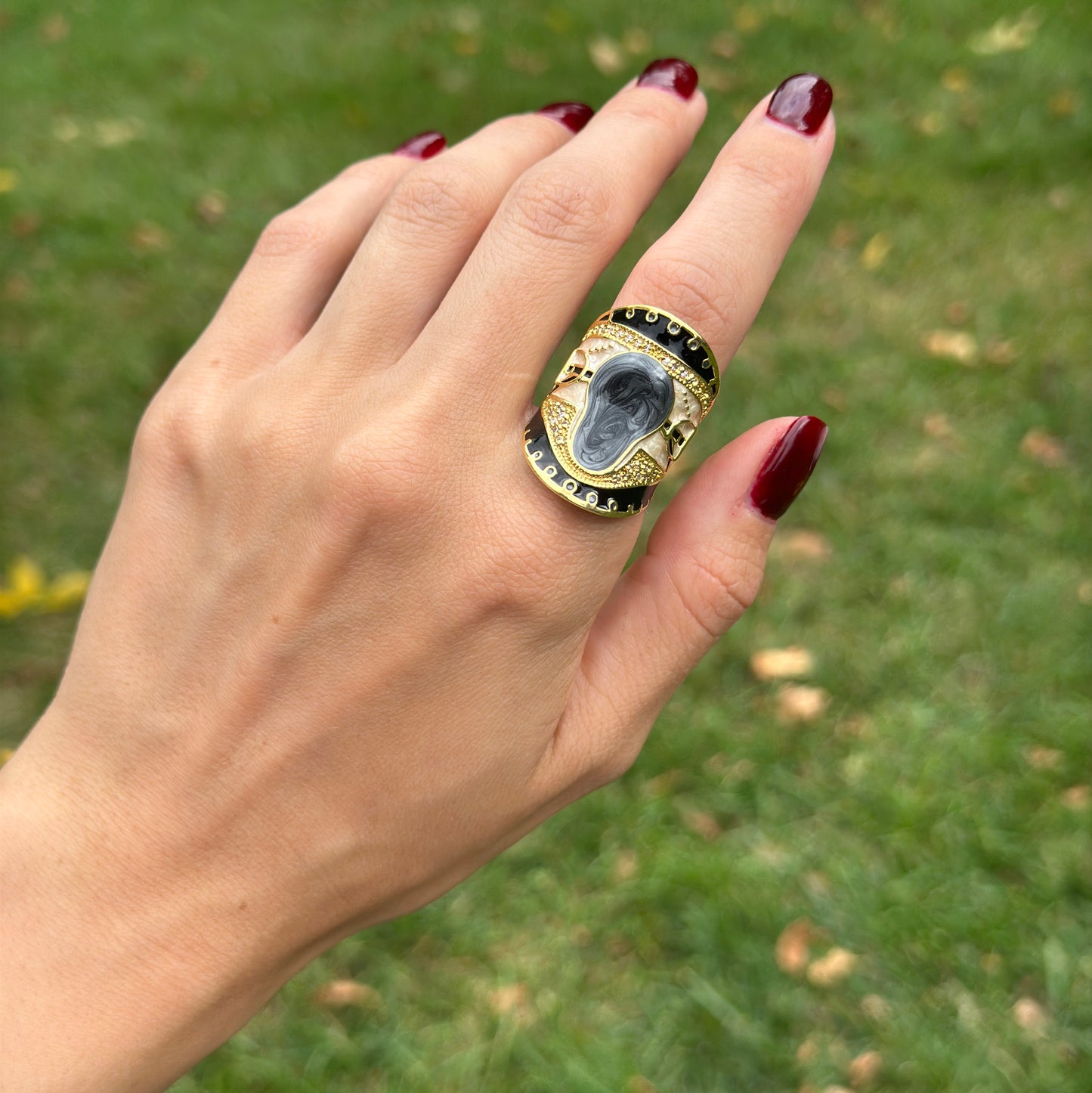 18K Yellow Gold-Plated Brass CZ + Black, Grey, Cream Enamel Saddle Ring