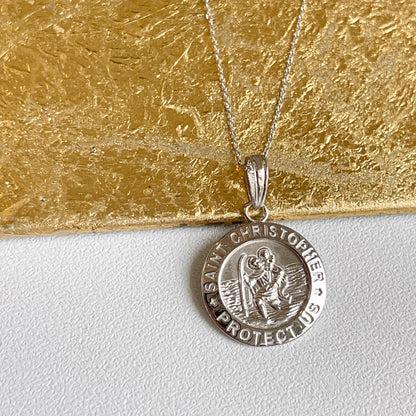 14KT White Gold St Christopher Medal Pendant Necklace 15mm