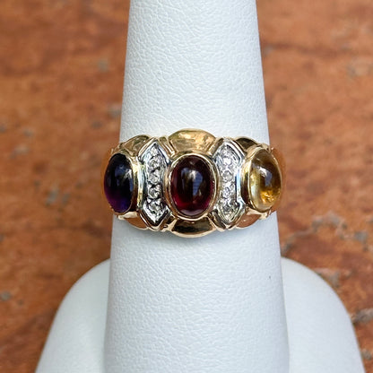 Estate 14KT Yellow Gold Oval Garnet Amethyst Citrine + Diamond Byzantine Ring