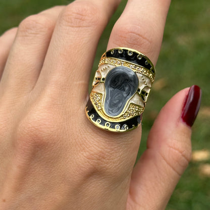 18K Yellow Gold-Plated Brass CZ + Black, Grey, Cream Enamel Saddle Ring