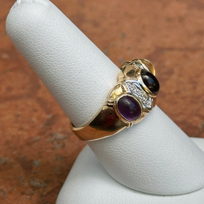 Estate 14KT Yellow Gold Oval Garnet Amethyst Citrine + Diamond Byzantine Ring