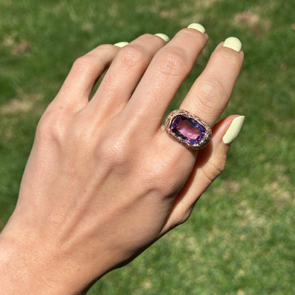 Estate 14KT Rose Gold Radian Amethyst + Diamond Filigree Ring