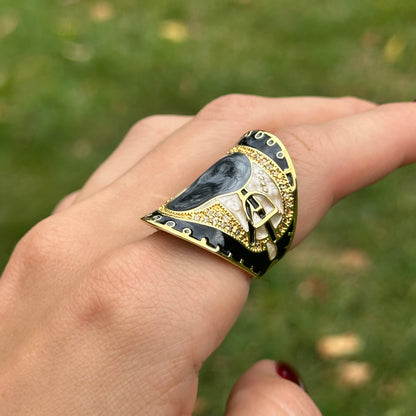 18K Yellow Gold-Plated Brass CZ + Black, Grey, Cream Enamel Saddle Ring