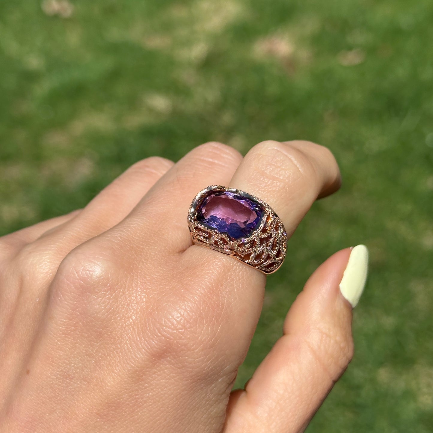 Estate 14KT Rose Gold Radian Amethyst + Diamond Filigree Ring