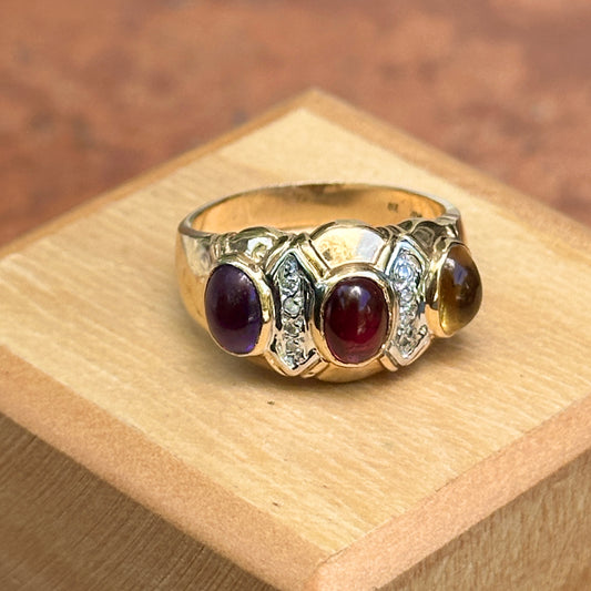 Estate 14KT Yellow Gold Oval Garnet Amethyst Citrine + Diamond Byzantine Ring