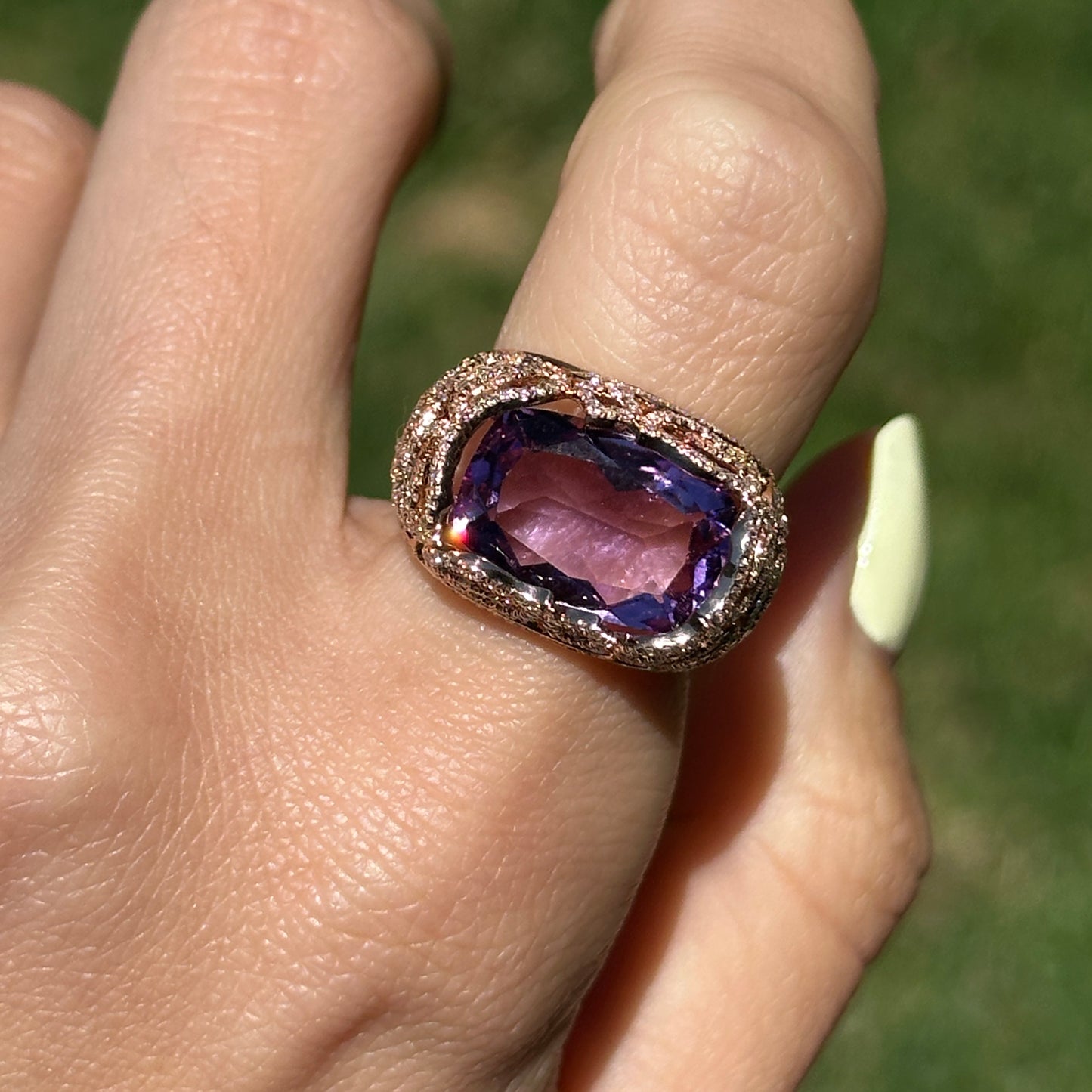 Estate 14KT Rose Gold Radian Amethyst + Diamond Filigree Ring