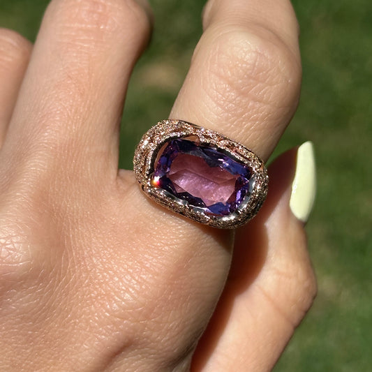 Estate 14KT Rose Gold Radian Amethyst + Diamond Filigree Ring