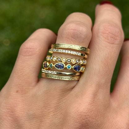 Yellow Gold-Plated Synthetic Tanzanite, Blue Zircon, CZ, B&W Pearl Beads, Ring Set