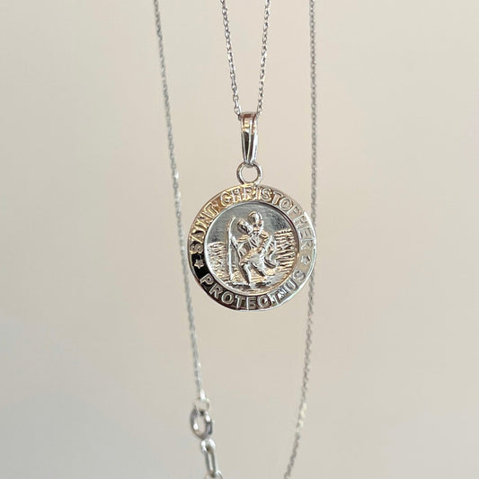 14KT White Gold St Christopher Medal Pendant Necklace 15mm