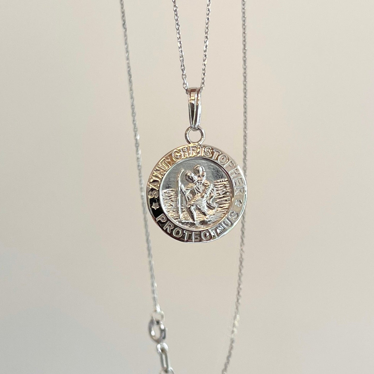 14KT White Gold St Christopher Medal Pendant Necklace 15mm