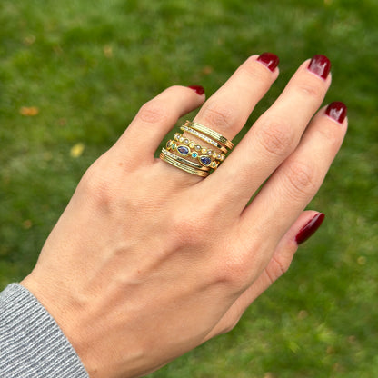 Yellow Gold-Plated Synthetic Tanzanite, Blue Zircon, CZ, B&W Pearl Beads, Ring Set