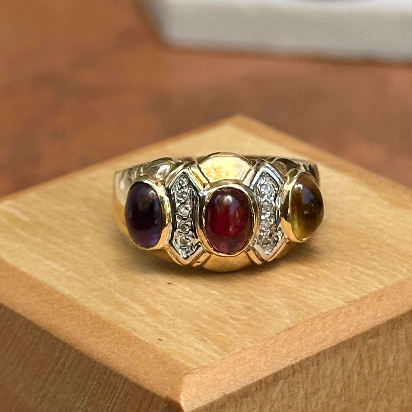 Estate 14KT Yellow Gold Oval Garnet Amethyst Citrine + Diamond Byzantine Ring