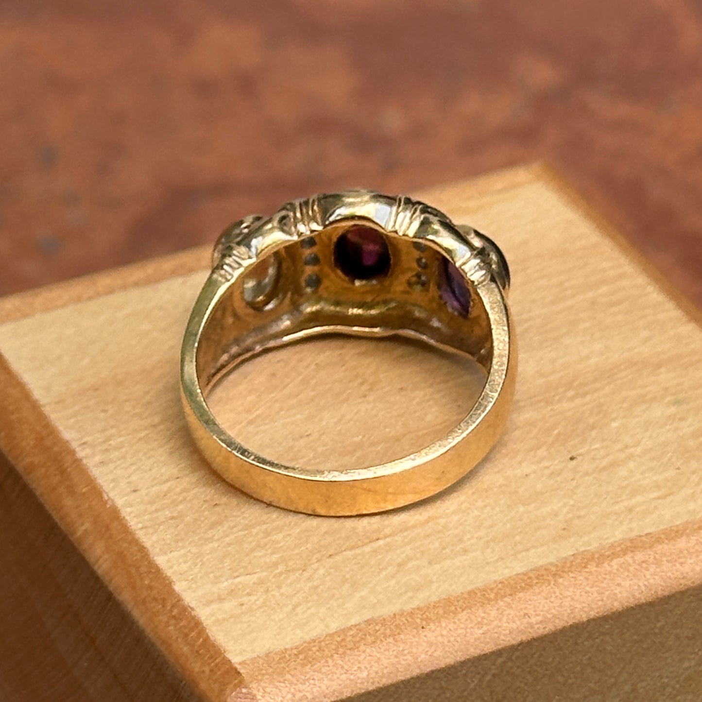 Estate 14KT Yellow Gold Oval Garnet Amethyst Citrine + Diamond Byzantine Ring