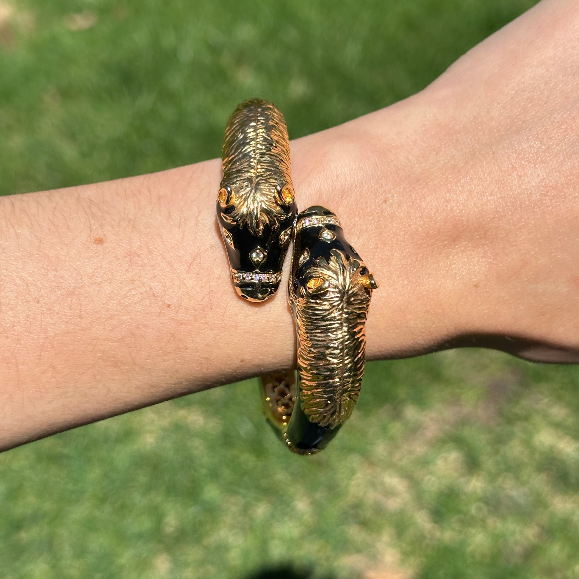 Estate Gold-Tone Black Enamel Double Horse Head Bracelet - LSJ