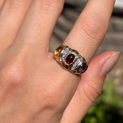 Estate 14KT Yellow Gold Oval Garnet Amethyst Citrine + Diamond Byzantine Ring