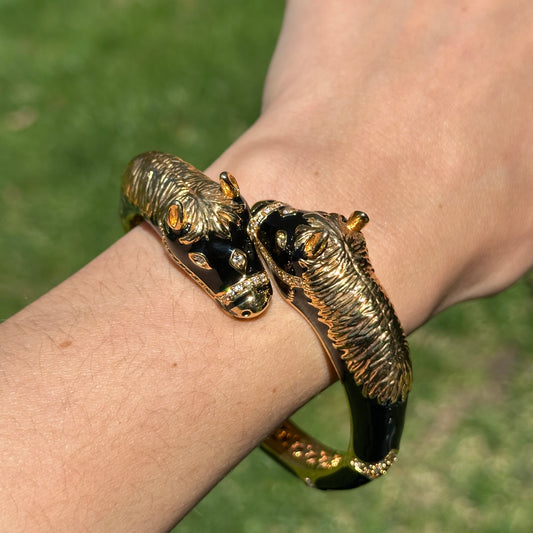 Estate Gold-Tone Black Enamel Double Horse Head Bracelet
