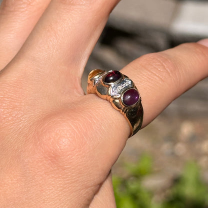 Estate 14KT Yellow Gold Oval Garnet Amethyst Citrine + Diamond Byzantine Ring