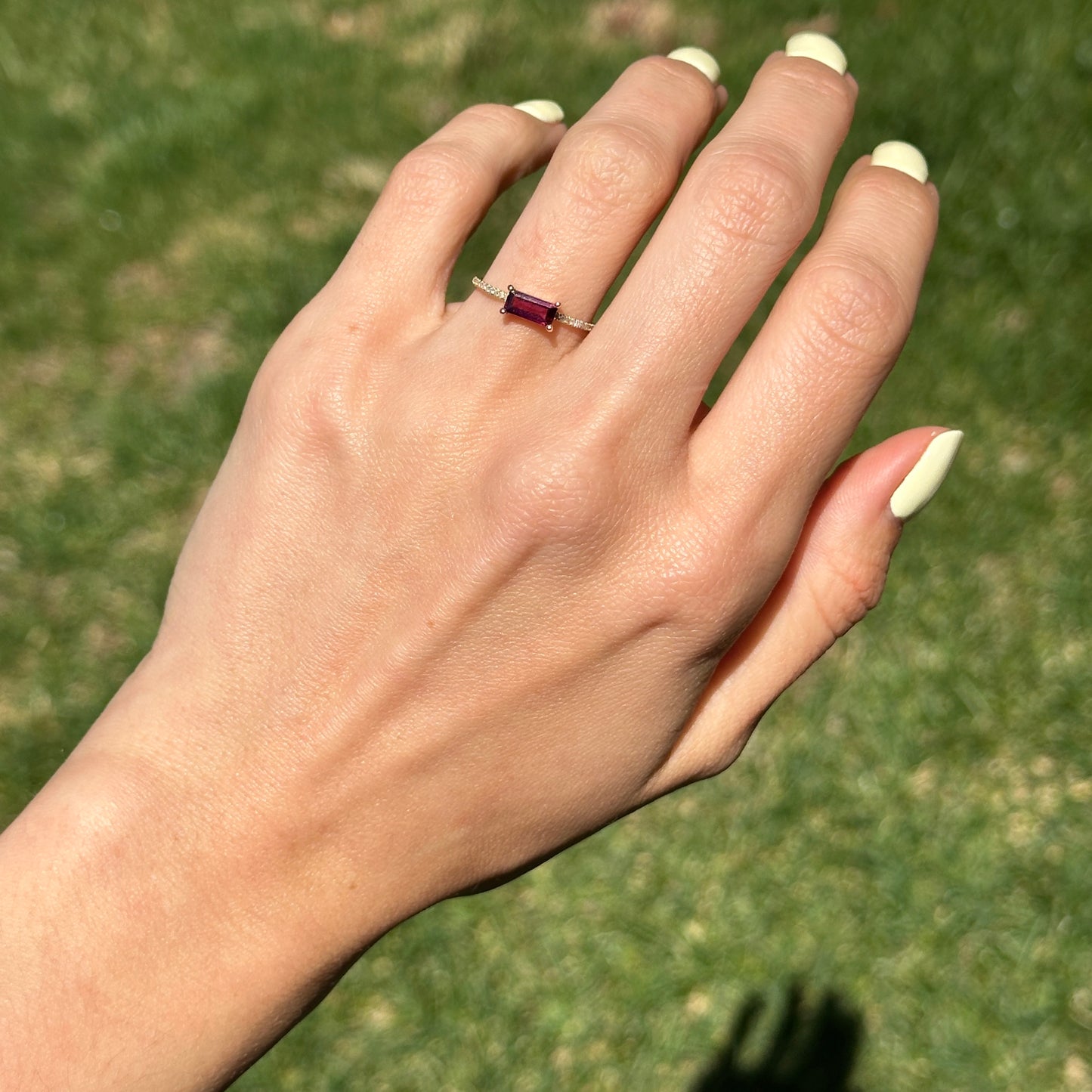 14KT Yellow Gold Rectangle Rhodolite Garnet + Diamond Ring - LSJ