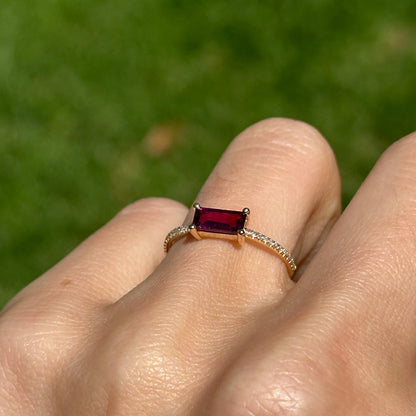 14KT Yellow Gold Rectangle Rhodolite Garnet + Diamond Ring - LSJ