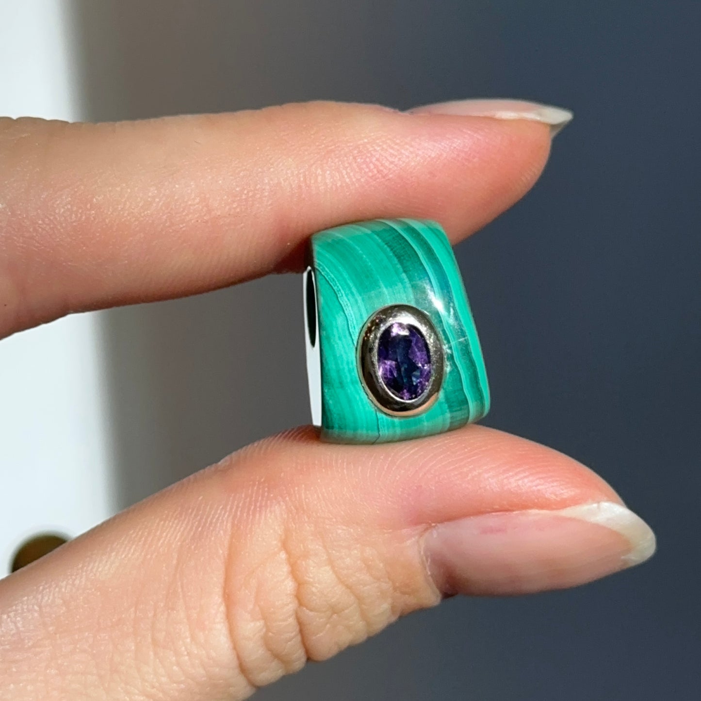 14KT Yellow Gold Tapered Malachite + Bezel Amethyst Pendant Slide