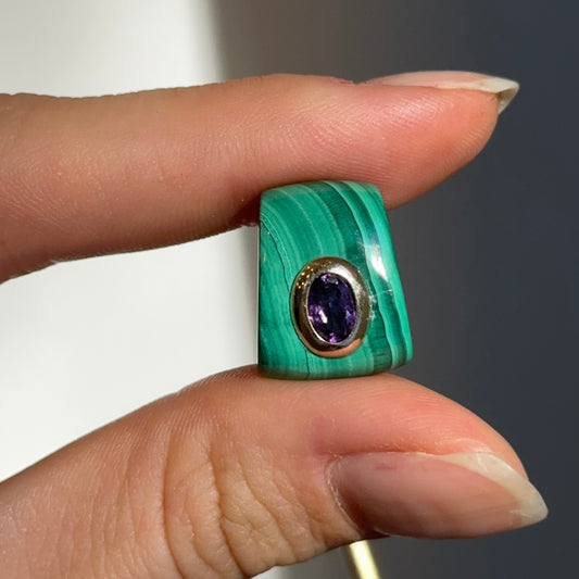 14KT Yellow Gold Tapered Malachite + Bezel Amethyst Pendant Slide