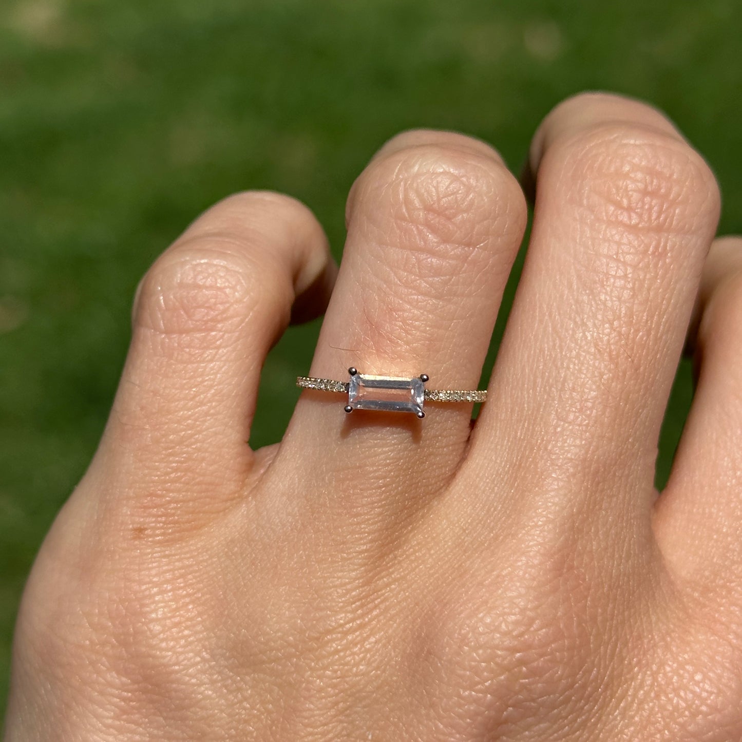 Estate 14KT Yellow Gold Rectangle Rose Quartz + Diamond Ring