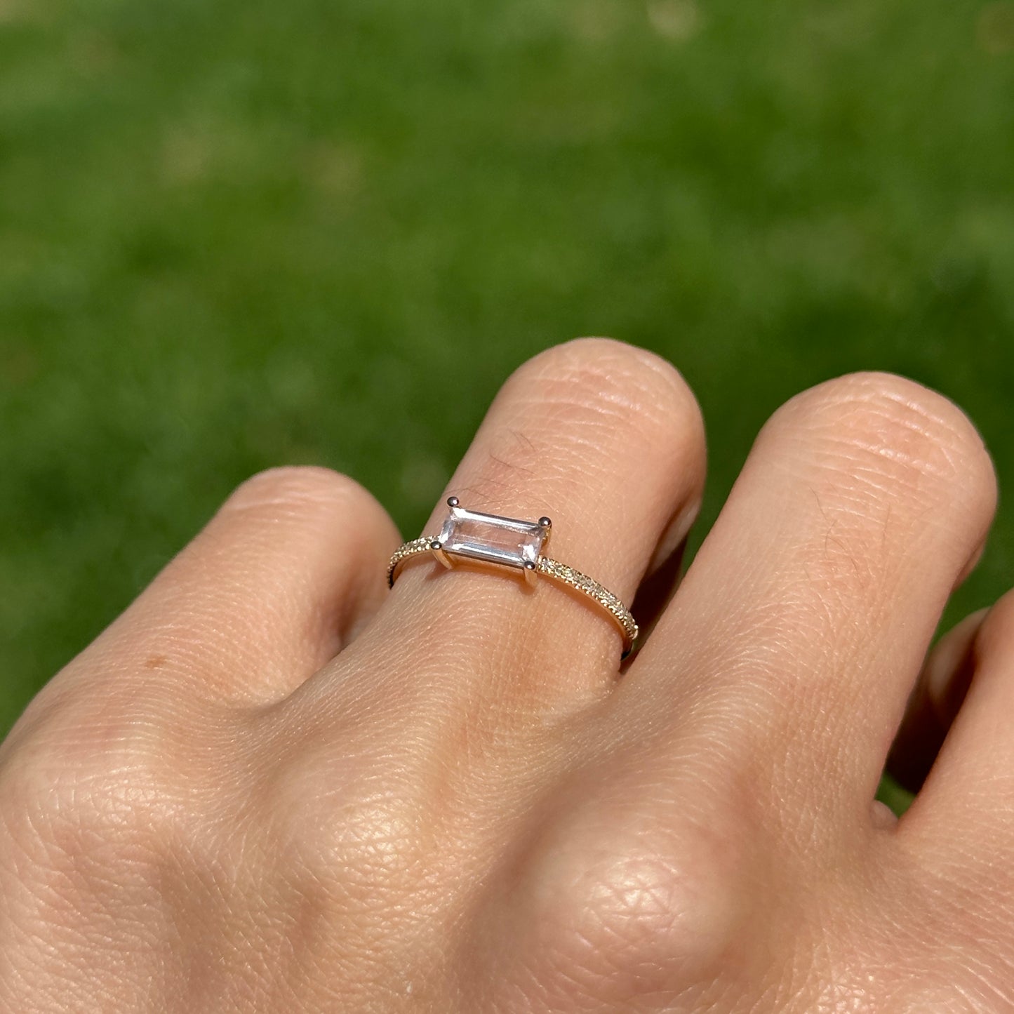 Estate 14KT Yellow Gold Rectangle Rose Quartz + Diamond Ring