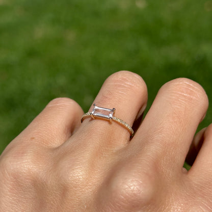 Estate 14KT Yellow Gold Rectangle Rose Quartz + Diamond Ring