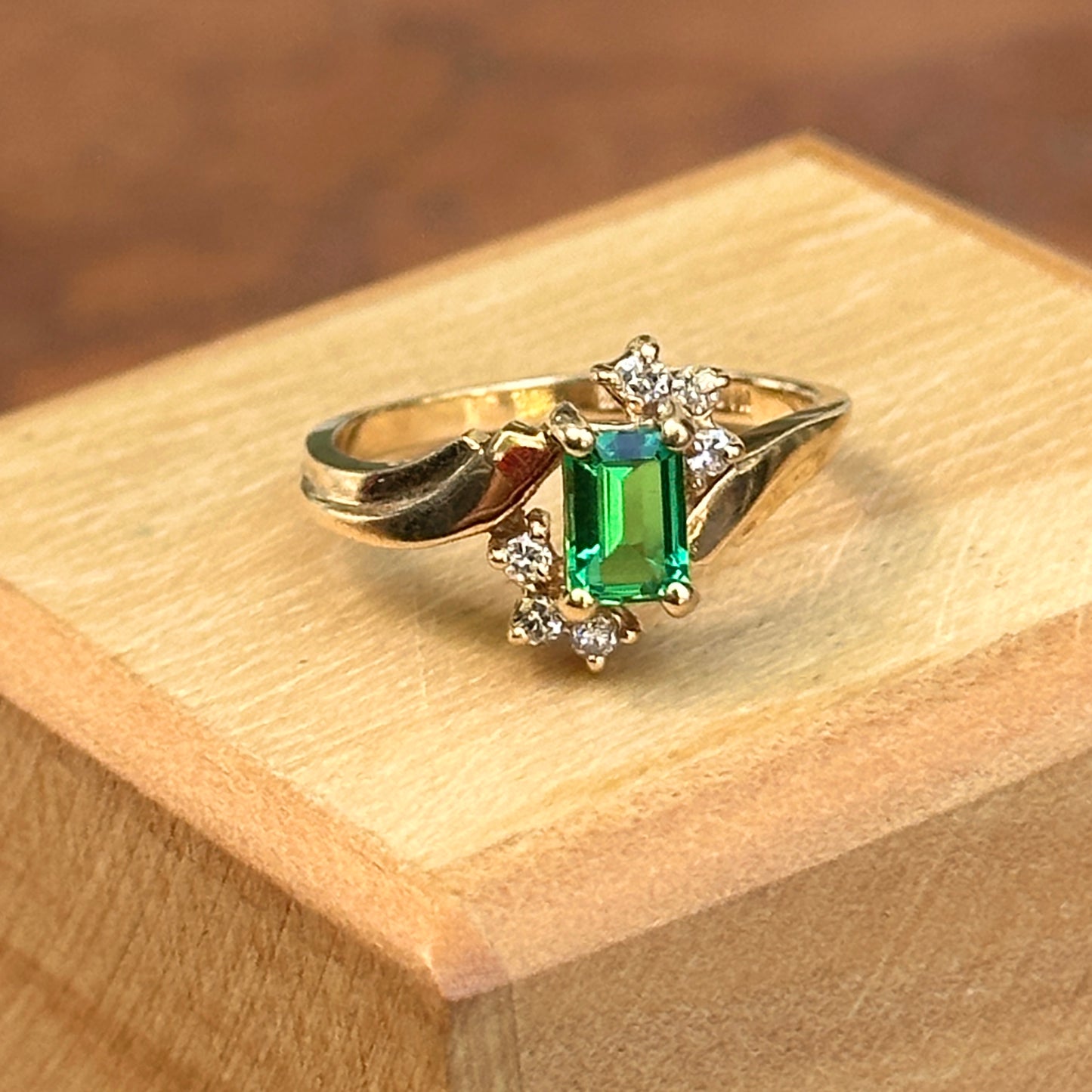 Estate 10KT Yellow Gold Lab Emerald  + Diamond Accent Ring